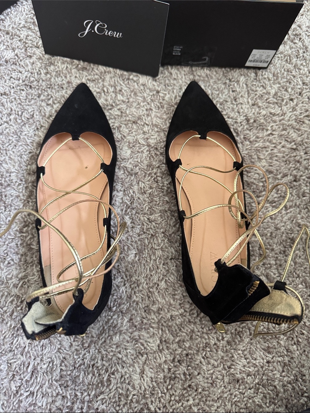 J. Crew Black Suede Pointed Lace-Up Flats with Gold Laces